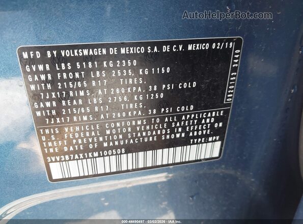3VV3B7AX1KM100508 2019 VOLKSWAGEN TIGUAN Blue Engine compartment view