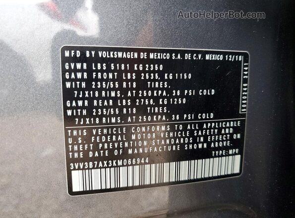 3VV3B7AX3KM066944 2019 VOLKSWAGEN TIGUAN Gray Widok naklejki z numerem VIN