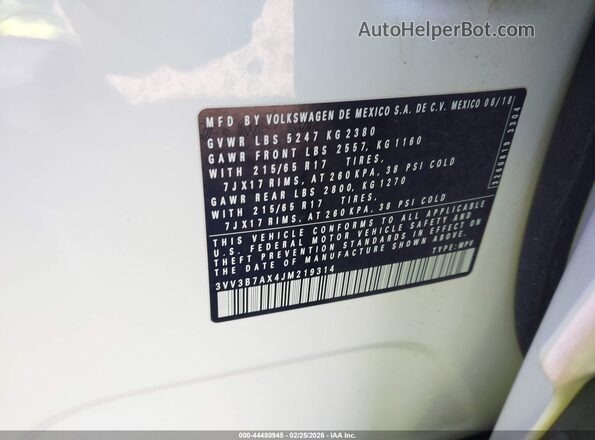 3VV3B7AX4JM219314 2018 VOLKSWAGEN TIGUAN Белый Вид подкапотного пространства