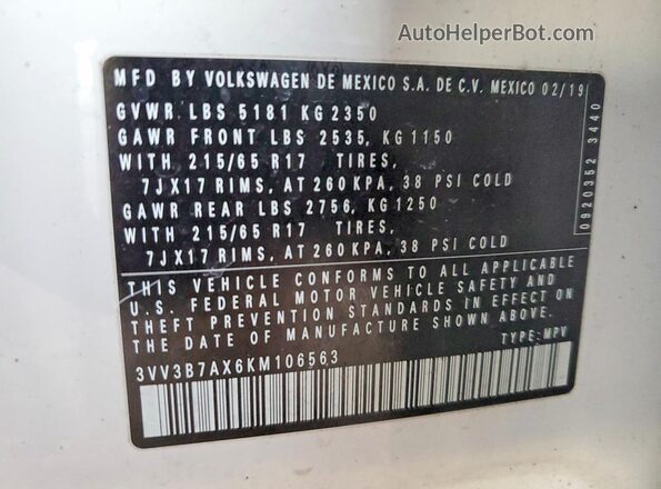 3VV3B7AX6KM106563 2019 VOLKSWAGEN TIGUAN Белый Вид наклейки с VIN-кодом