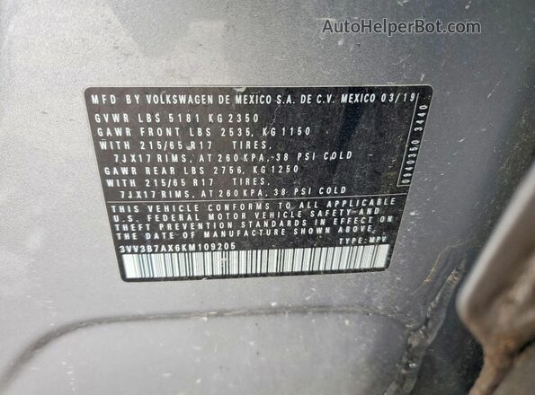 3VV3B7AX6KM109205 2019 VOLKSWAGEN TIGUAN Gray Widok komory silnika