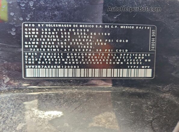 3VV3B7AX8KM129083 2019 VOLKSWAGEN TIGUAN Black Vista de la etiqueta del VIN