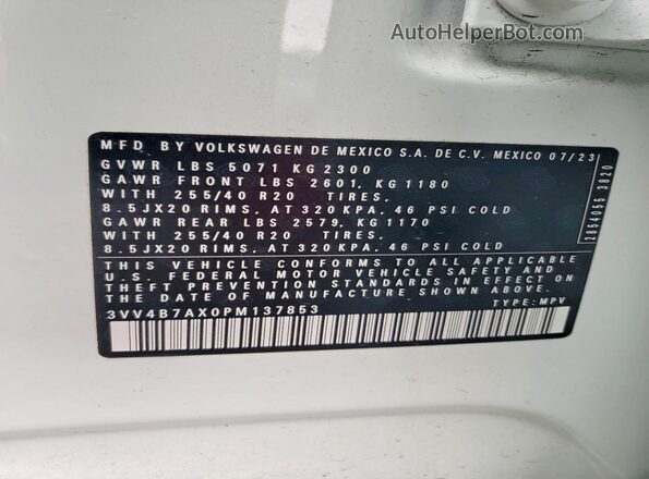 3VV4B7AX0PM137853 2023 VOLKSWAGEN TIGUAN White Vista de la etiqueta del VIN