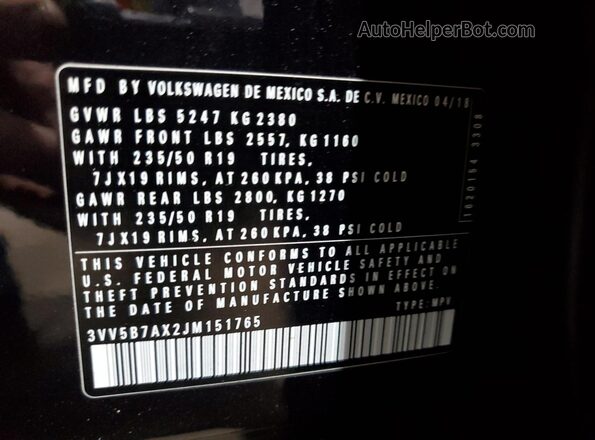 3VV5B7AX2JM151765 2018 VOLKSWAGEN TIGUAN Черный Вид наклейки с VIN-кодом