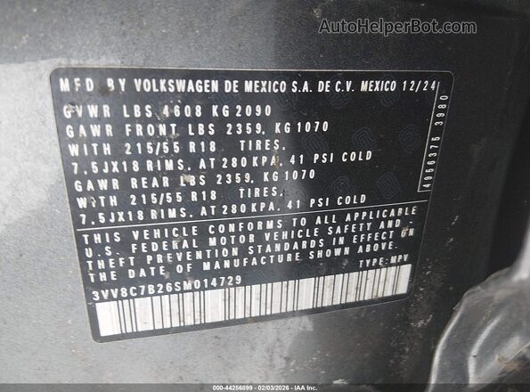 3VV8C7B26SM014729 2025 VOLKSWAGEN TAOS Серый Вид подкапотного пространства