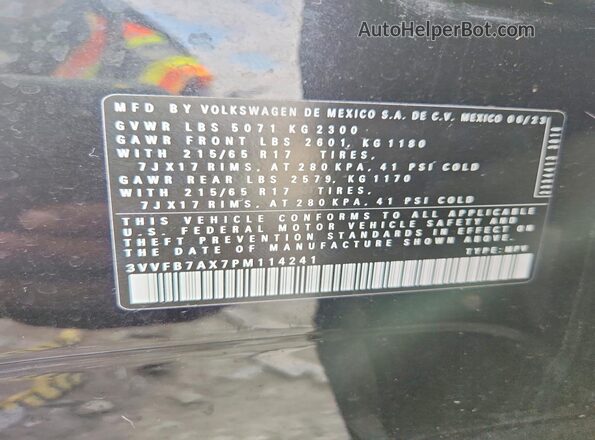 3VVFB7AX7PM114241 2023 VOLKSWAGEN TIGUAN Black Vista de la etiqueta del VIN
