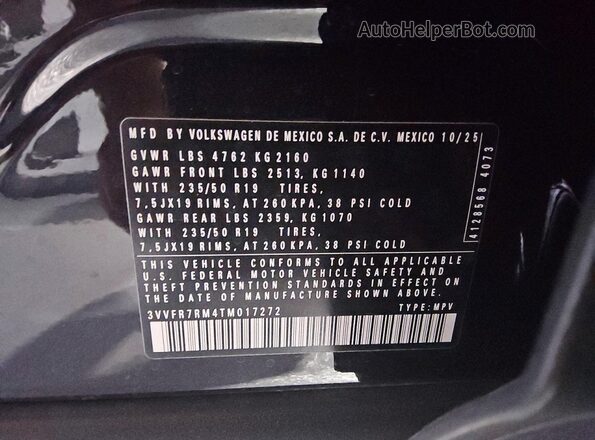 3VVFR7RM4TM017272 2026 VOLKSWAGEN TIGUAN Black Widok naklejki z numerem VIN