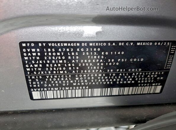 3VVFR7RM7SM038664 2025 VOLKSWAGEN TIGUAN Серебряный Вид наклейки с VIN-кодом