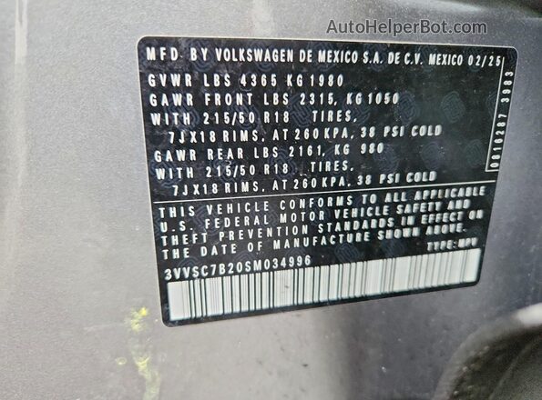 3VVSC7B20SM034996 2025 VOLKSWAGEN TAOS Silver Widok naklejki z numerem VIN