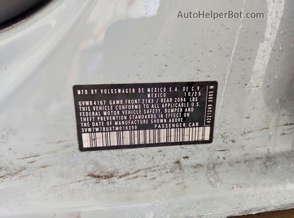 3VW7W7BU8TM016399 2026 VOLKSWAGEN JETTA Серый Вид наклейки с VIN-кодом