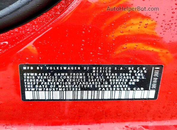 3VW7W7BUXTM011334 2026 VOLKSWAGEN JETTA Красный Вид наклейки с VIN-кодом