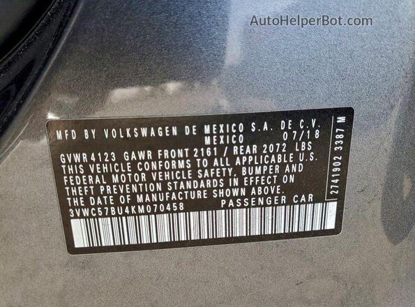 3VWC57BU4KM070458 2019 VOLKSWAGEN JETTA Gray Engine compartment view