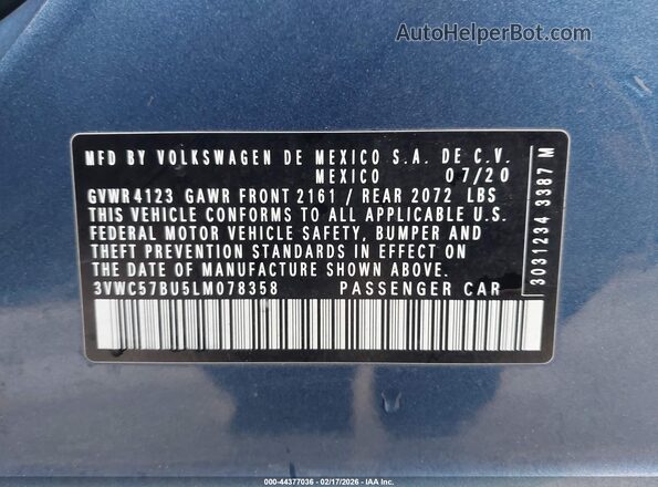 3VWC57BU5LM078358 2020 VOLKSWAGEN JETTA Blue ძრავის განყოფილების ხედი