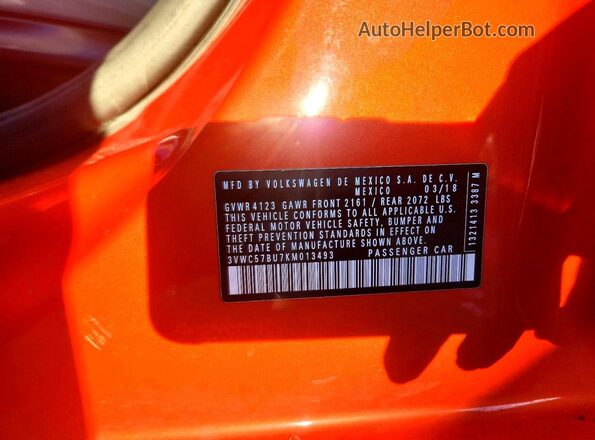 3VWC57BU7KM013493 2019 VOLKSWAGEN JETTA Orange Vista de la etiqueta del VIN