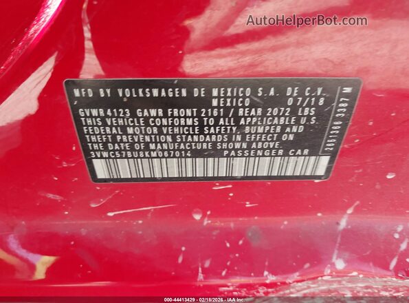 3VWC57BU8KM067014 2019 VOLKSWAGEN JETTA Красный Вид подкапотного пространства
