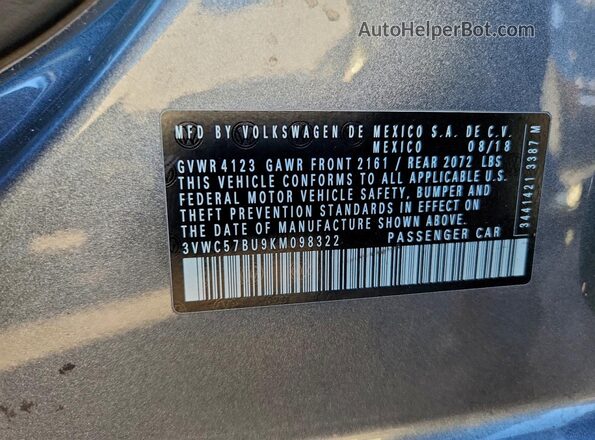 3VWC57BU9KM098322 2019 VOLKSWAGEN JETTA Gray Вид підкапотного простору