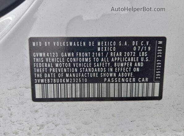 3VWEB7BU0KM232510 2019 VOLKSWAGEN JETTA White Vista de la etiqueta del VIN