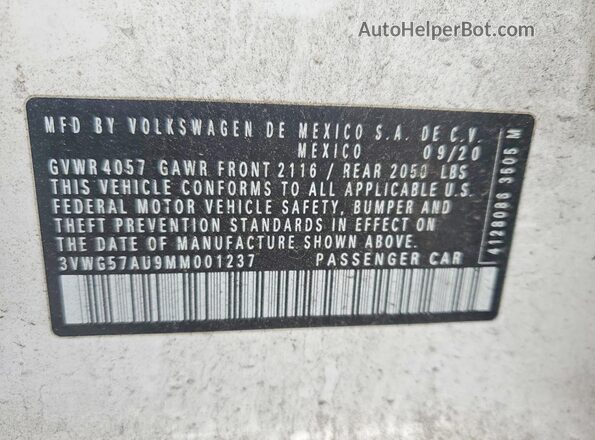 3VWG57AU9MM001237 2021 VOLKSWAGEN GOLF Белый Вид наклейки с VIN-кодом