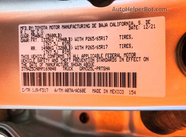 3TMAZ5CN0NM169048 2022 TOYOTA LE Серебряный Панорамный вид салона 360°