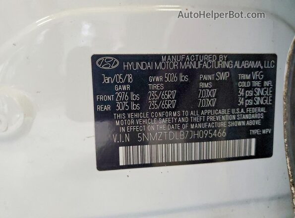 5NMZTDLB7JH095466 2018 HYUNDAI SANTA FE Белый Вид наклейки с VIN-кодом