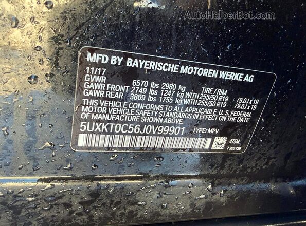 5UXKT0C56J0V99901 2018 BMW X5 Черный Вид наклейки с VIN-кодом