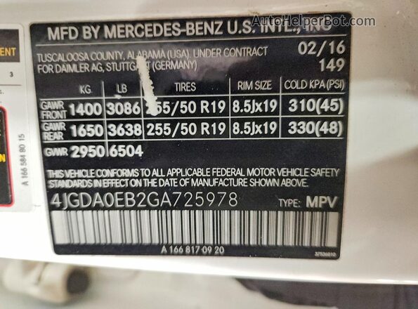 4JGDA0EB2GA725978 2016 MERCEDES-BENZ GLE White VIN კოდის სტიკერის ხედი