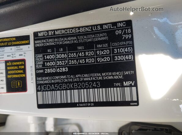 4JGDA5GB0KB205243 2019 MERCEDES-BENZ GLE 400 Белый Вид подкапотного пространства