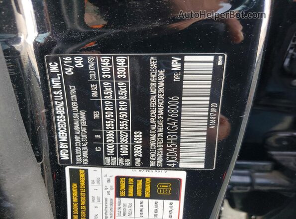 4JGDA5HB1GA768006 2016 MERCEDES-BENZ GLE Черный Вид наклейки с VIN-кодом
