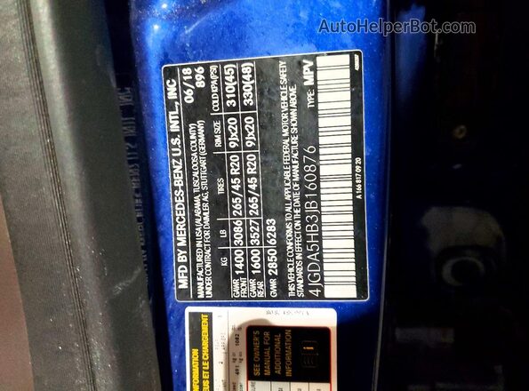 4JGDA5HB3JB160876 2018 MERCEDES-BENZ GLE Синий Вид наклейки с VIN-кодом