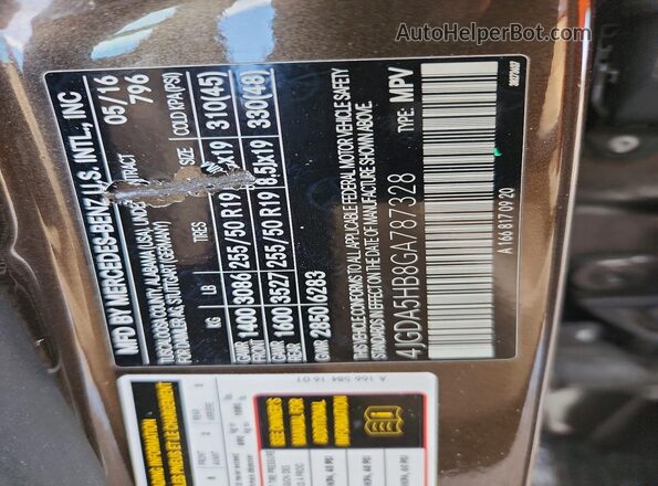 4JGDA5HB8GA787328 2016 MERCEDES-BENZ GLE Brown Widok naklejki z numerem VIN