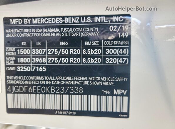 4JGDF6EE0KB237338 2019 MERCEDES-BENZ GLS White Вид наклейки з VIN-кодом