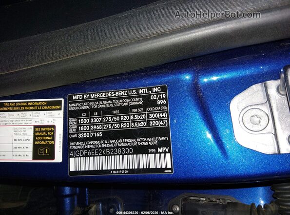 4JGDF6EE2KB238300 2019 MERCEDES-BENZ GLS 450 Blue Вид підкапотного простору