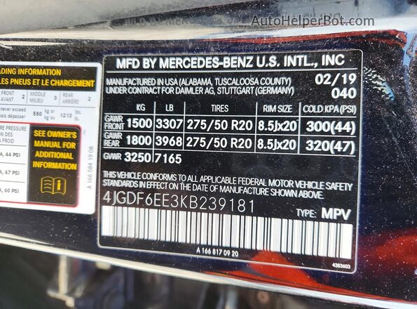 4JGDF6EE3KB239181 2019 MERCEDES-BENZ GLS Black VIN კოდის სტიკერის ხედი
