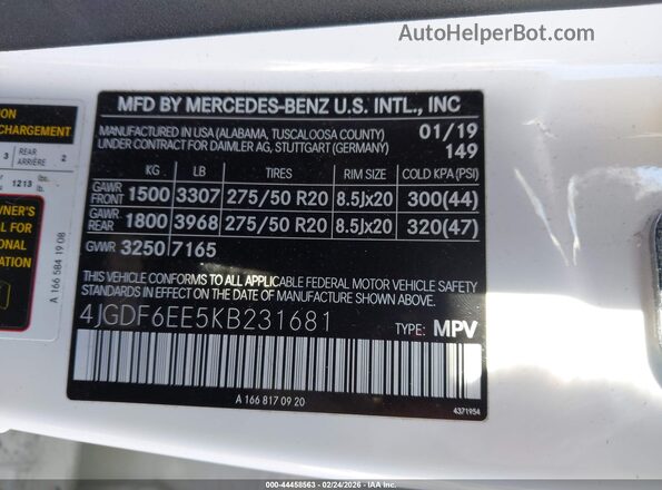 4JGDF6EE5KB231681 2019 MERCEDES-BENZ GLS 450 White Widok komory silnika