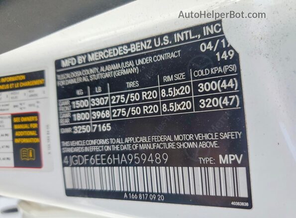 4JGDF6EE6HA959489 2017 MERCEDES-BENZ GLS Белый Вид наклейки с VIN-кодом