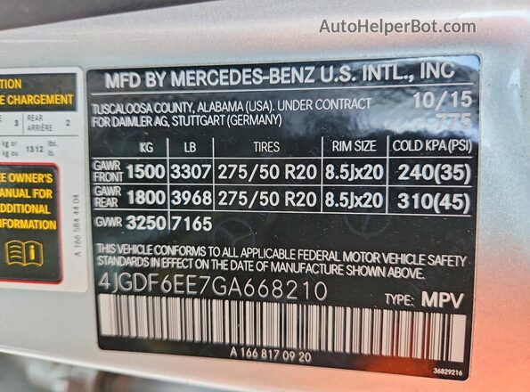 4JGDF6EE7GA668210 2016 MERCEDES-BENZ GL-CLASS Серебряный Вид наклейки с VIN-кодом