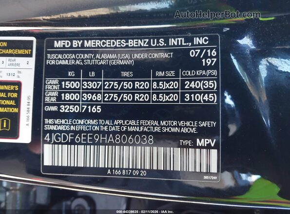 4JGDF6EE9HA806038 2017 MERCEDES-BENZ GLS 450 Black Շարժիչի բաժամունքի տեսք