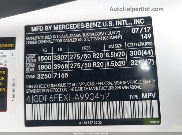 4JGDF6EEXHA993452 2017 MERCEDES-BENZ GLS 450 White ძრავის განყოფილების ხედი