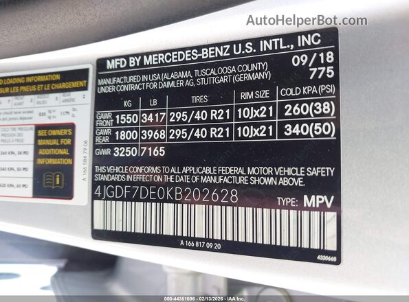 4JGDF7DE0KB202628 2019 MERCEDES-BENZ GLS 550 Silver ძრავის განყოფილების ხედი