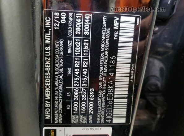 4JGED6EB8KA141186 2019 MERCEDES-BENZ GLE Black Widok naklejki z numerem VIN