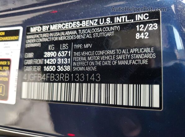4JGFB4FB3RB133143 2024 MERCEDES-BENZ GLE Blue Vista de la etiqueta del VIN