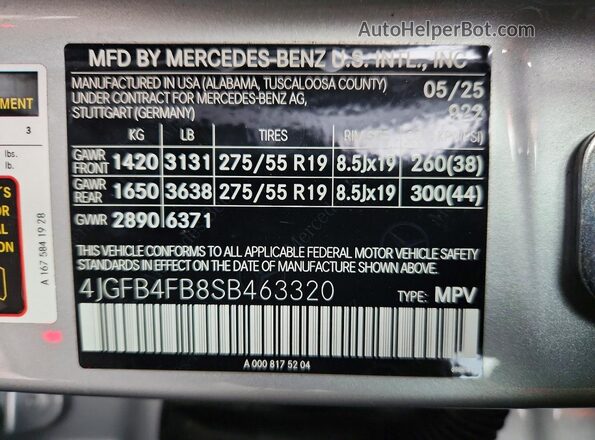 4JGFB4FB8SB463320 2025 MERCEDES-BENZ GLE Silver Vista de la etiqueta del VIN