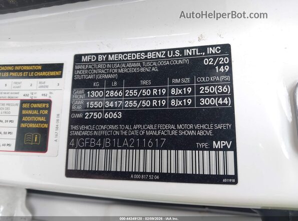 4JGFB4JB1LA211617 2020 MERCEDES-BENZ GLE 350 White Вид підкапотного простору