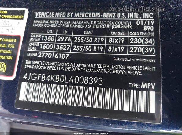 4JGFB4KB0LA008393 2020 MERCEDES-BENZ GLE 350 Blue Widok komory silnika