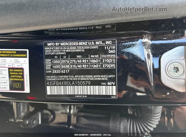 4JGFB4KB0LA150579 2020 MERCEDES-BENZ GLE 350 Черный Вид наклейки с VIN-кодом