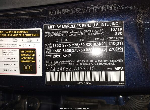 4JGFB4KB2LA122315 2020 MERCEDES-BENZ GLE 350 Синий Вид подкапотного пространства