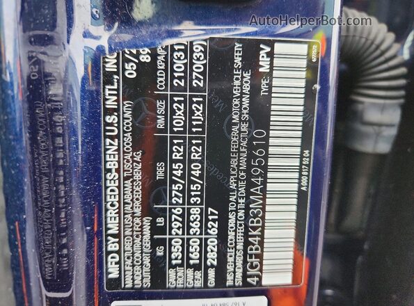 4JGFB4KB3MA495610 2021 MERCEDES-BENZ GLE Blue Vista de la etiqueta del VIN