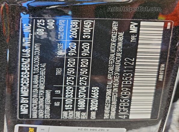 4JGFB5KB9TB531122 2026 MERCEDES-BENZ GLE Black Widok naklejki z numerem VIN