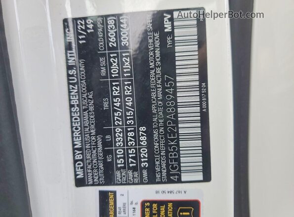 4JGFB5KE2PA889457 2023 MERCEDES-BENZ GLE White VIN sticker view