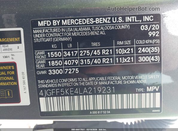 4JGFF5KE4LA219231 2020 MERCEDES-BENZ GLS 450 Серый Вид подкапотного пространства